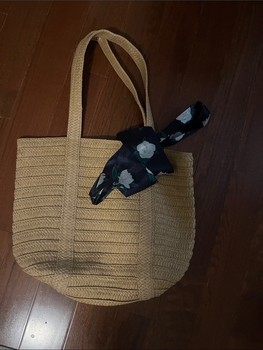 Draper James Beige Woven Tote with Black Floral Scarf